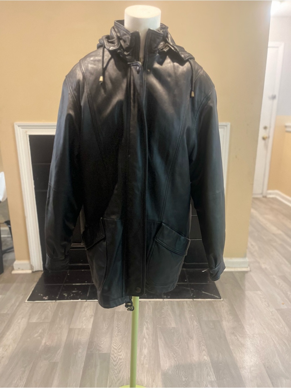 Black Minimalist Grunge Vintage Genuine Leather Hooded  Leather Jacket